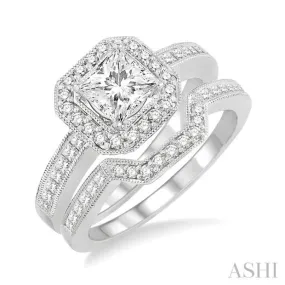 1 1/5 Ctw Diamond Wedding Set with 1 Ctw Princess Cut Engagement Ring and 1/4 Ctw Wedding Band in 14K White Gold