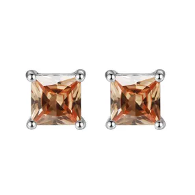 10k White Gold Plated 2 Carat Square Created Champagne Sapphire Stud Earrings