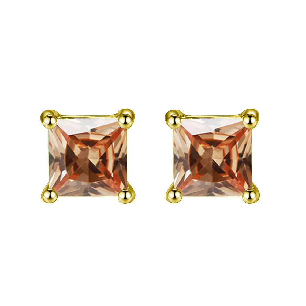 10k Yellow Gold Plated 1 Carat Princess Cut Created Champagne Sapphire Stud Earrings