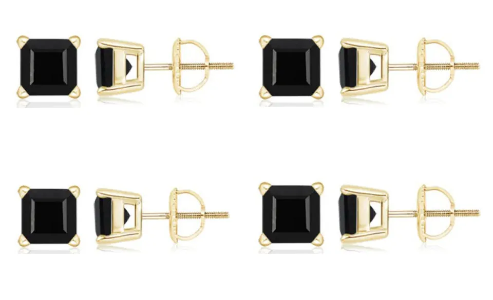 10k Yellow Gold Plated Created Black Sapphire 4Carat Square Cut Pack of Four Stud Earrings