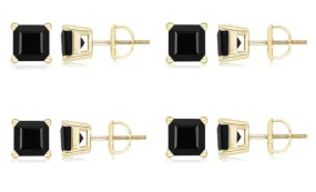10k Yellow Gold Plated Created Black Sapphire 4Carat Square Cut Pack of Four Stud Earrings