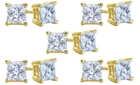10k Yellow Gold Plated Created White Sapphire 2 Carat Square Cut Pack of Five Stud Earrings