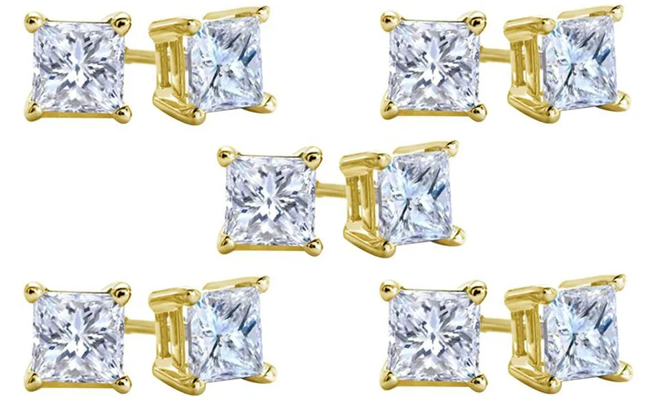 10k Yellow Gold Plated Created White Sapphire 2 Carat Square Cut Pack of Five Stud Earrings