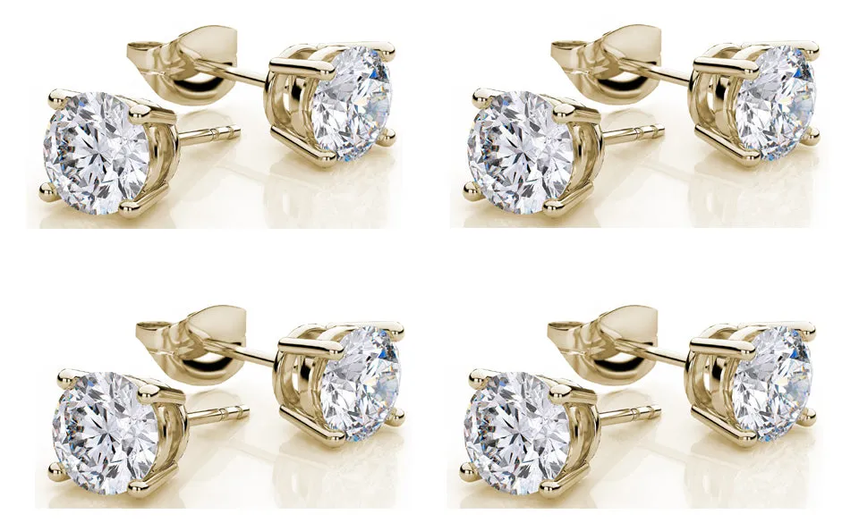 10k Yellow Gold Plated Created White Sapphire 3 Carat Round Pack of Four Stud Earrings