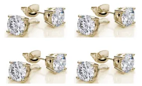 10k Yellow Gold Plated Created White Sapphire 3 Carat Round Pack of Four Stud Earrings