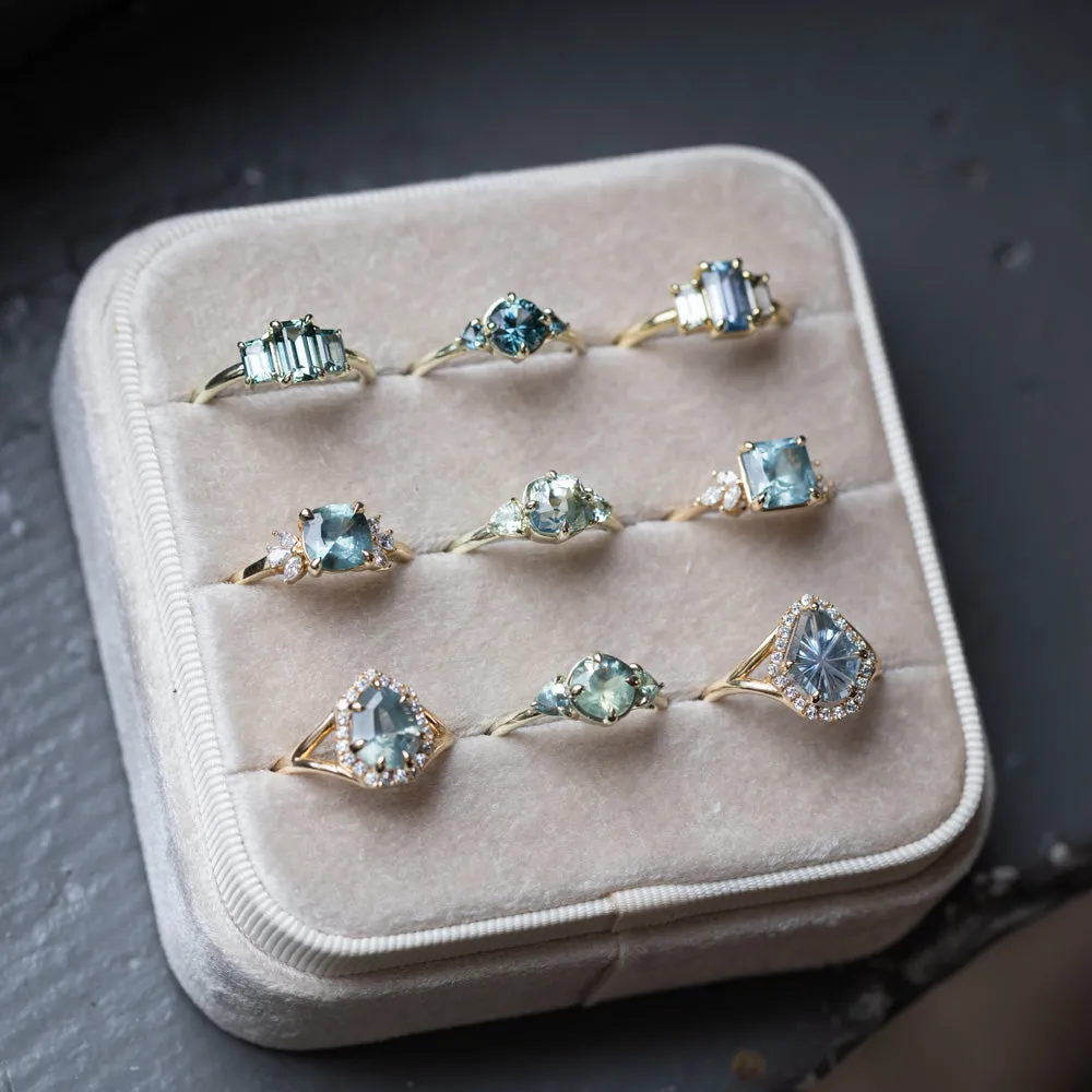 1.22ct Emerald Cut Untreated Montana Sapphire and Montana Sapphire Sides Three Stone Ring in 18k Yellow Gold