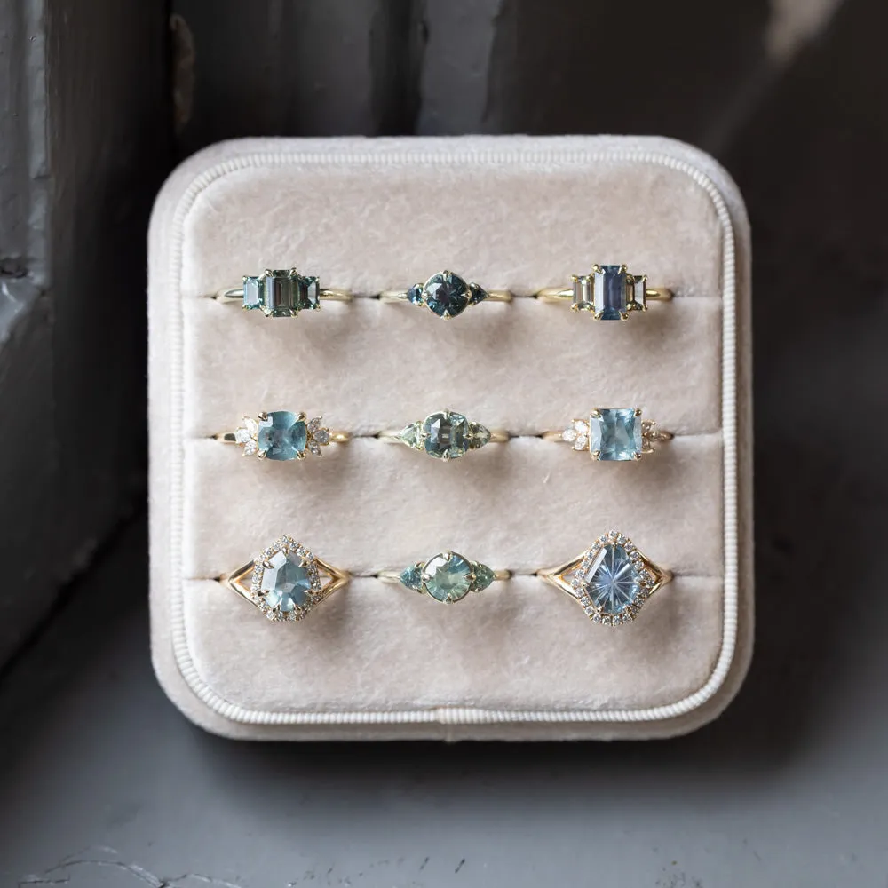 1.22ct Emerald Cut Untreated Montana Sapphire and Montana Sapphire Sides Three Stone Ring in 18k Yellow Gold