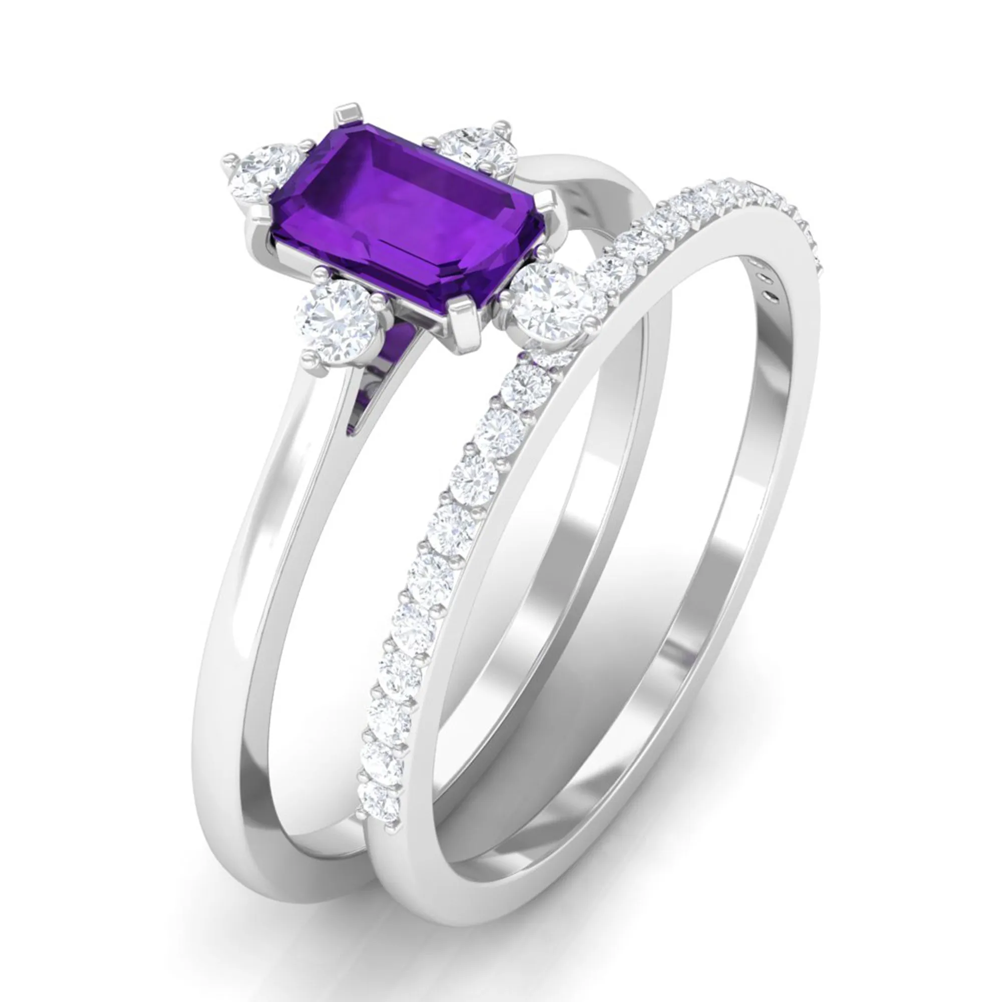 1.25 Ct Octagon Solitaire Amethyst and Diamond Ring Set