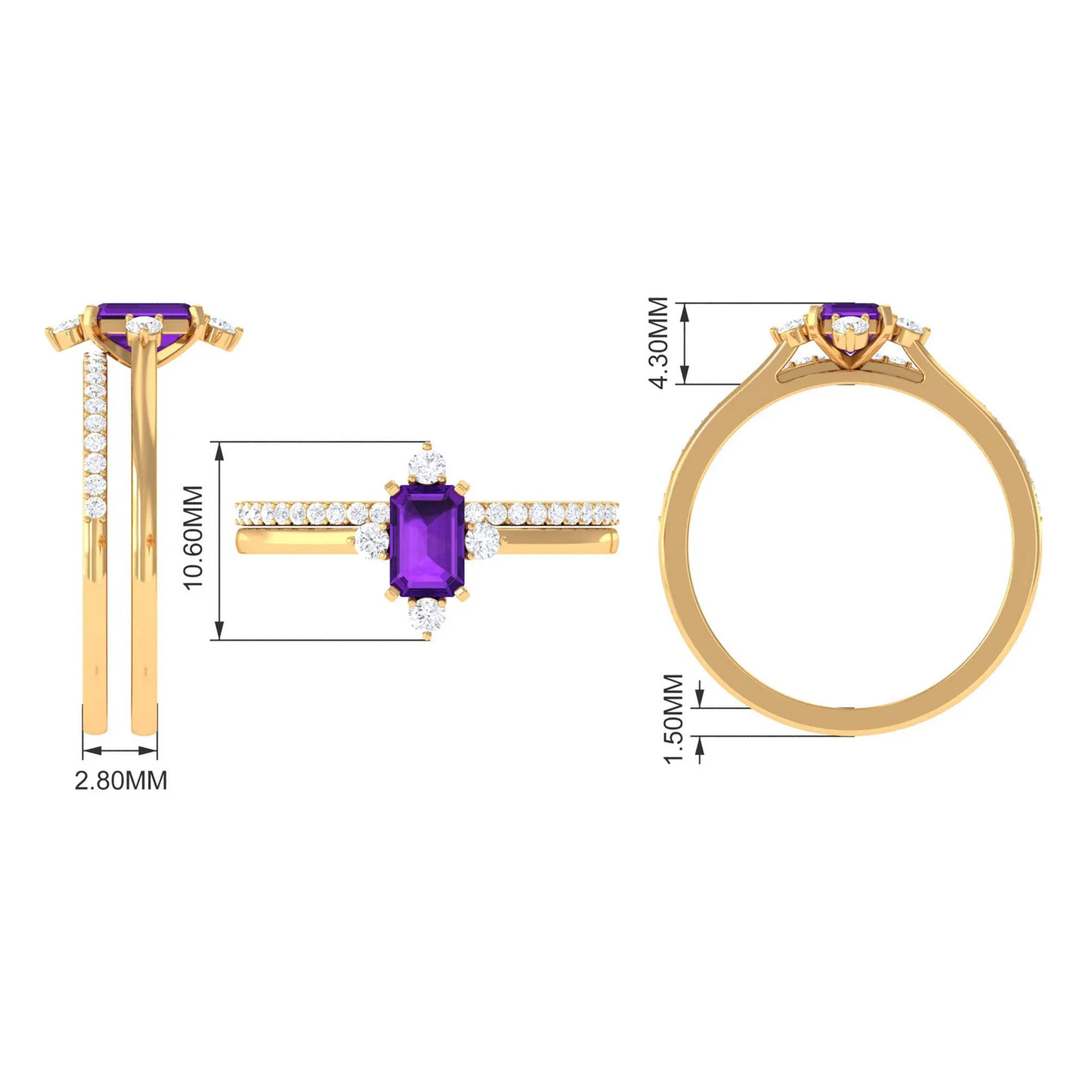 1.25 Ct Octagon Solitaire Amethyst and Diamond Ring Set