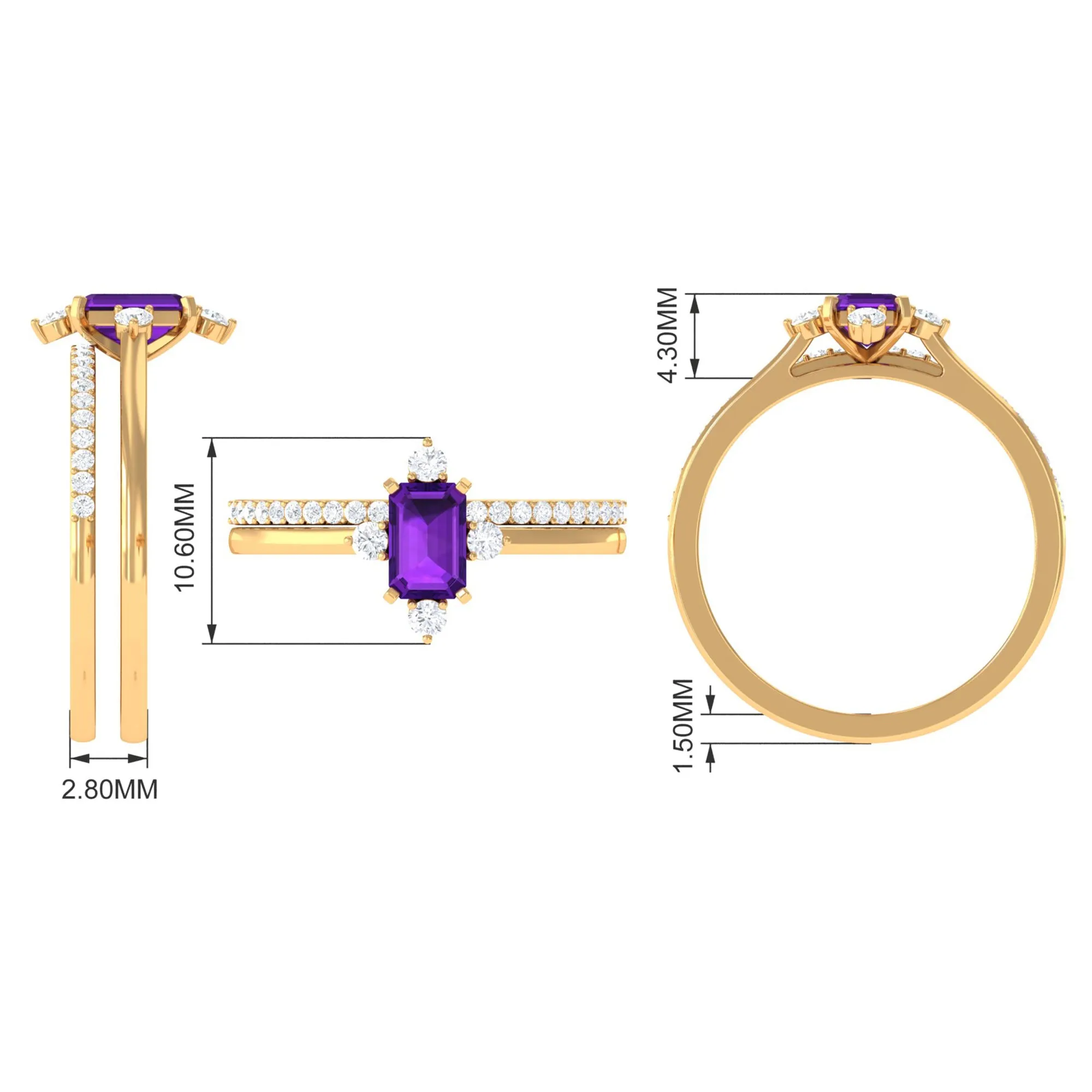 1.25 Ct Octagon Solitaire Amethyst and Diamond Ring Set