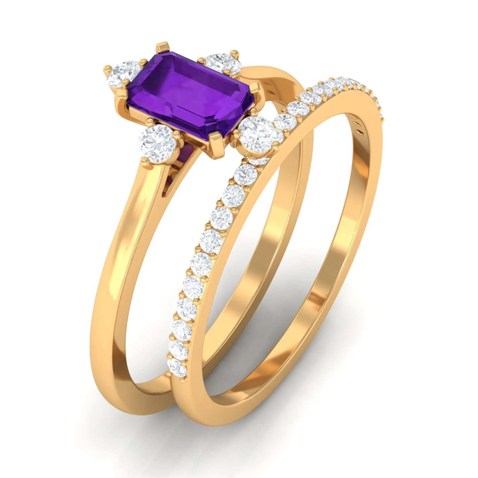 1.25 Ct Octagon Solitaire Amethyst and Diamond Ring Set