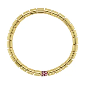 14K Gold Solid Barrel Bead Stretch Bracelet - Ruby