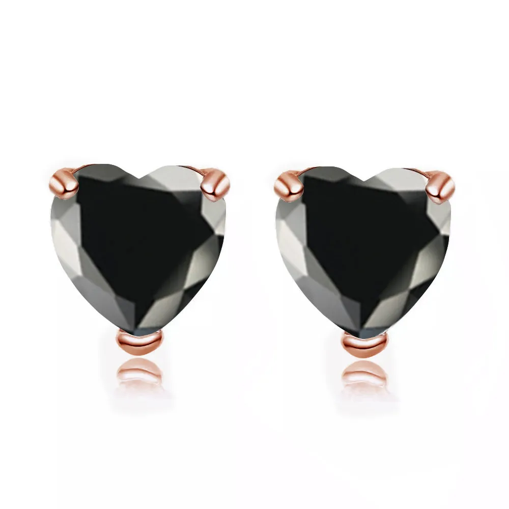 14k Rose Gold Plated 1 Carat Heart Created Black Sapphire Stud Earrings
