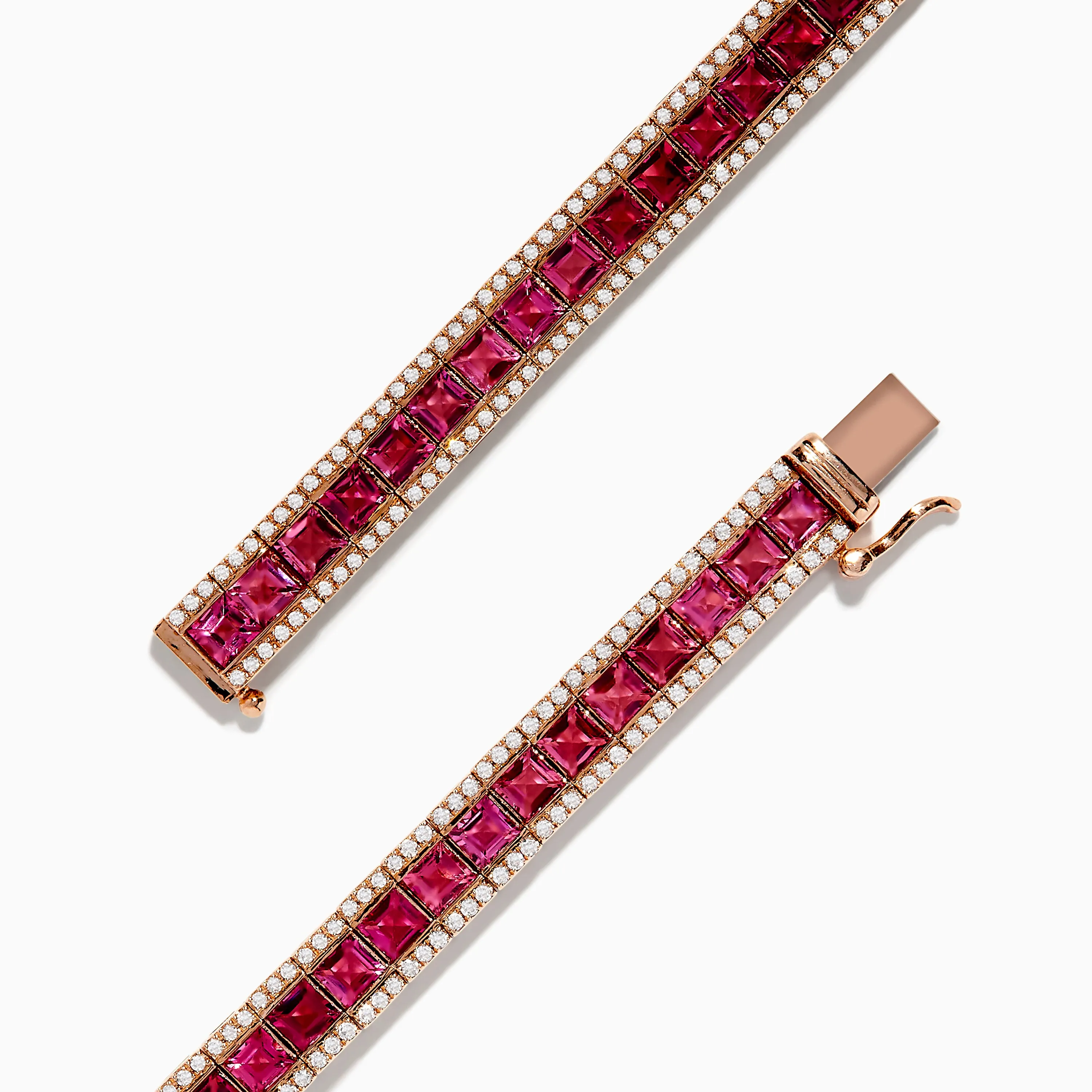 14k Rose Gold Princess Cut Ruby, Pink Tourmaline Tennis Bracelet