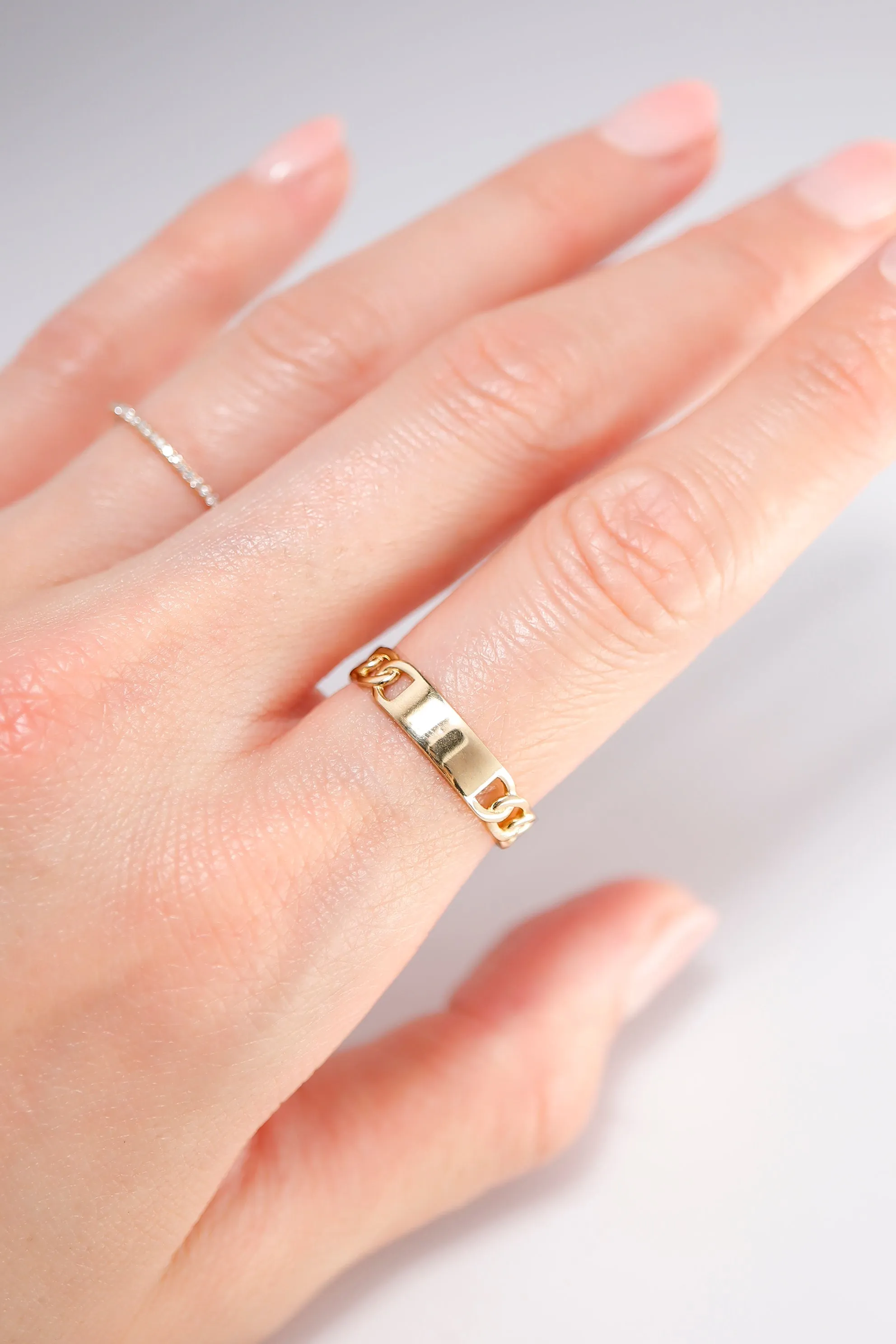 14K Solid Gold Name Tag Chain Stackable Dainty Ring
