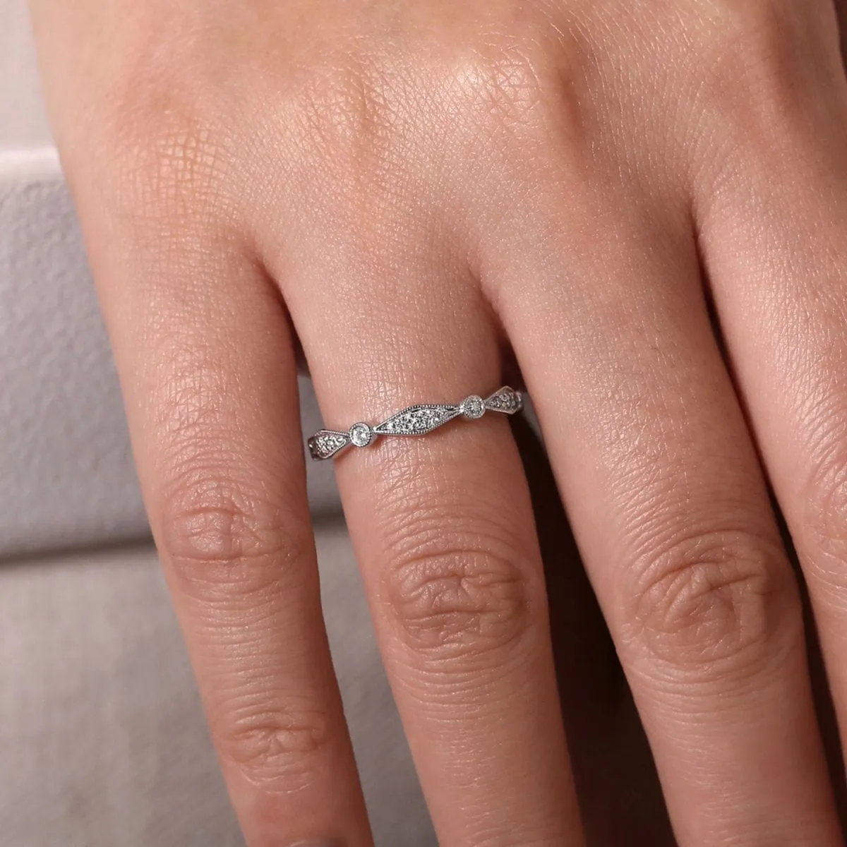 14K White Gold Angular Shape Station Stackable Diamond Ring - LR4749W45JJ