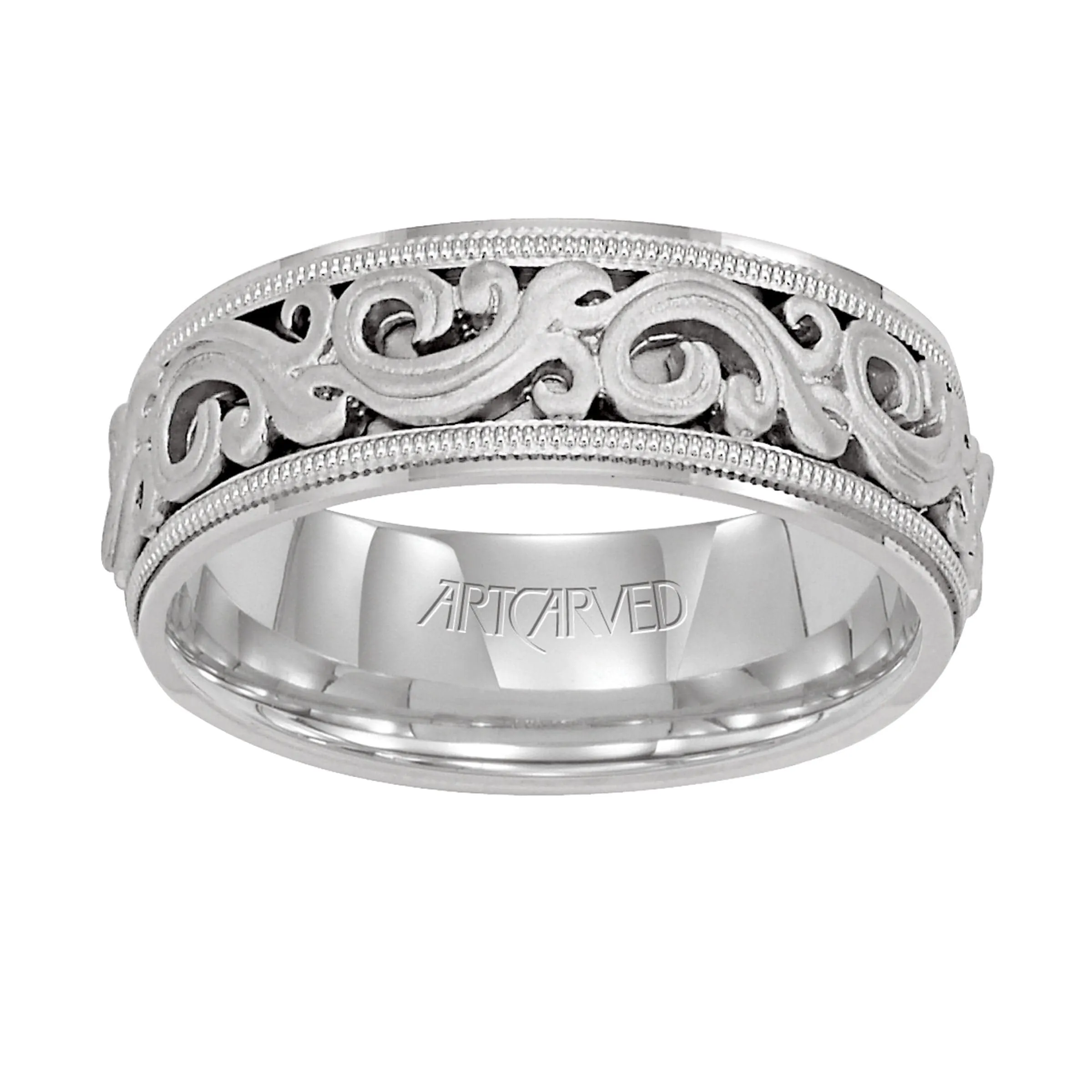 14K White Gold Engraved Band