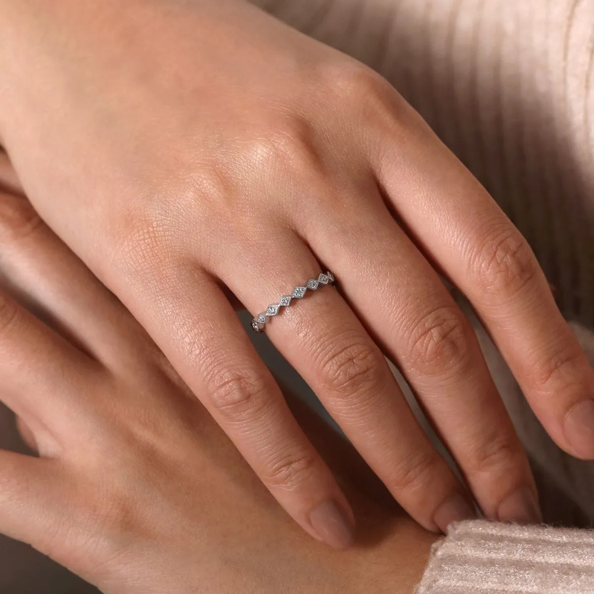14K White Gold Geometric Diamond Stackable Ring - LR4379W45JJ