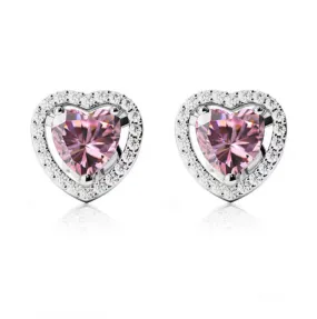 14k White Gold Plated 1 Ct Created Halo Heart Pink Sapphire Stud Earrings
