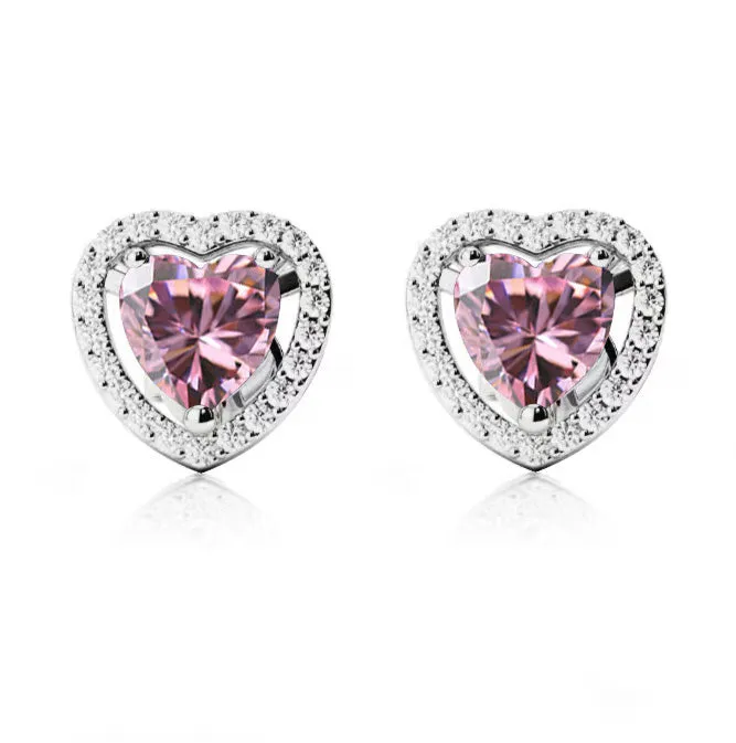 14k White Gold Plated 1 Ct Created Halo Heart Pink Sapphire Stud Earrings