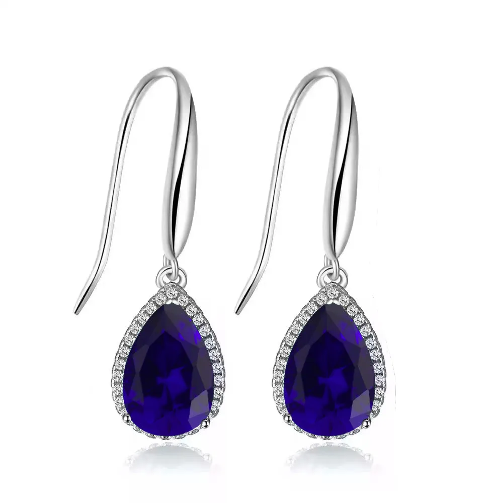 14k White Gold Plated 2 Ct Created Blue Sapphire Teardrop Earrings