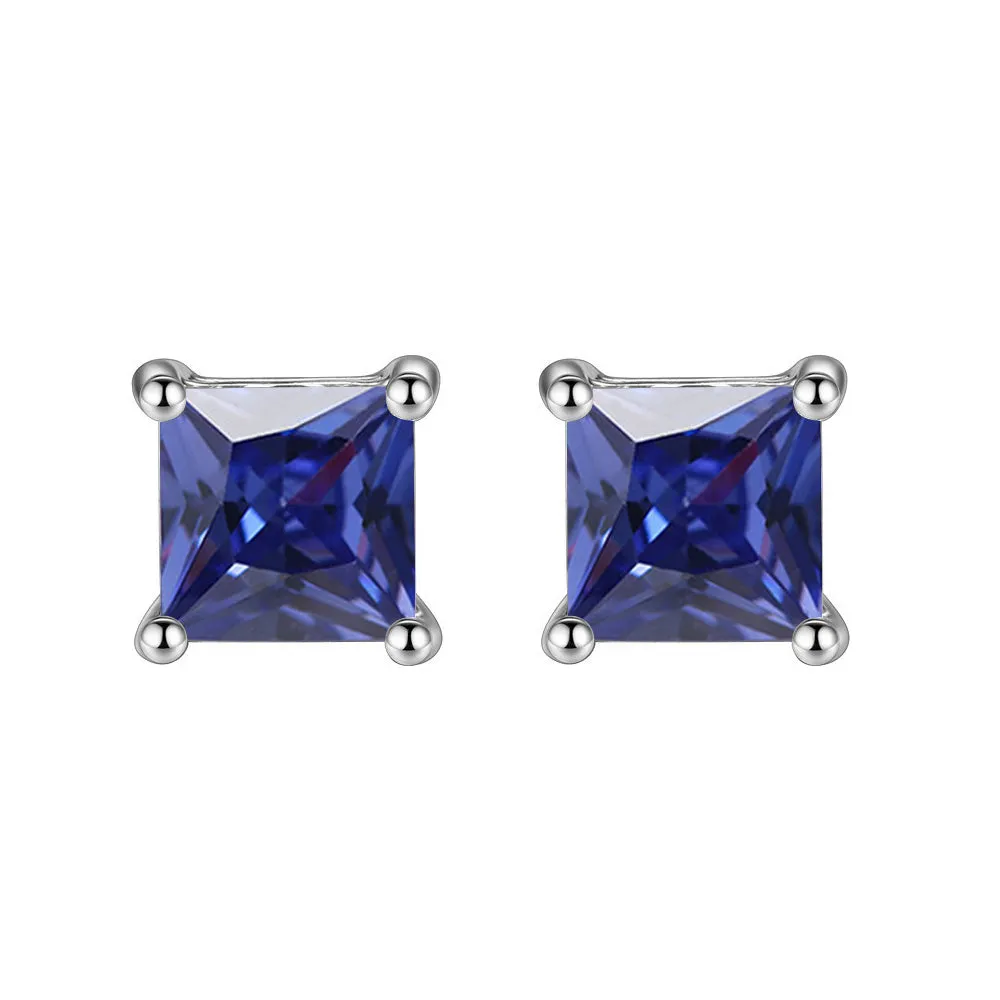 14k White Gold Plated 3 Ct Square Cut Created Blue Sapphire Stud Earrings