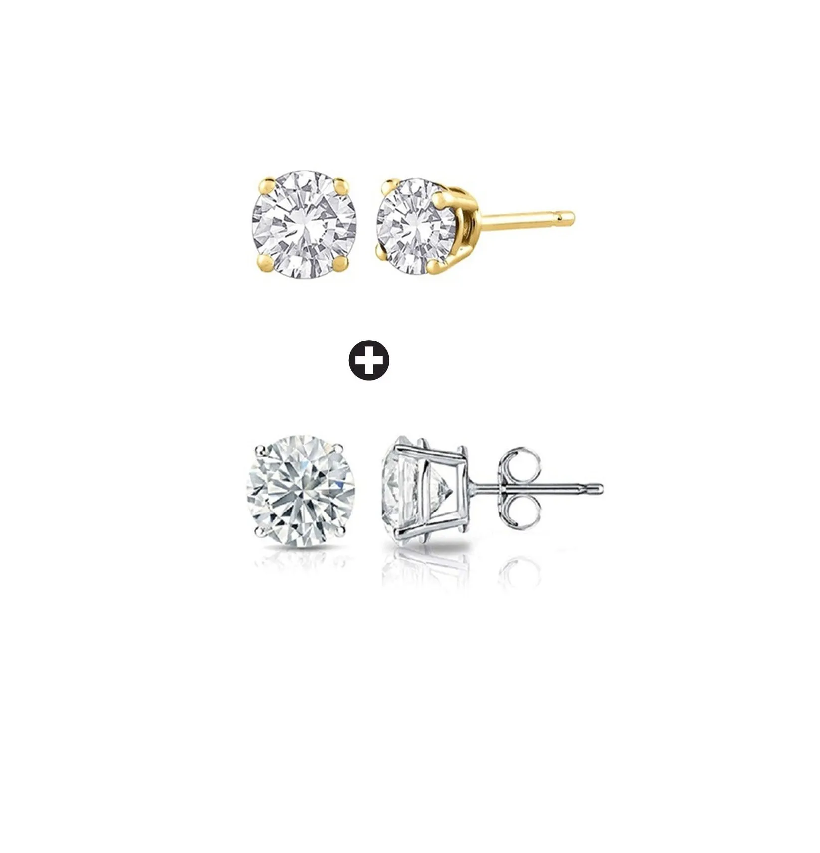 14k Yellow and White Gold Plated 1 Ct Created Round White Sapphire Stud Earrings