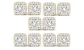 14k Yellow Gold 4mm 1Ct Cushion Cut White Sapphire Set Of Five Halo Stud Earrings Plated