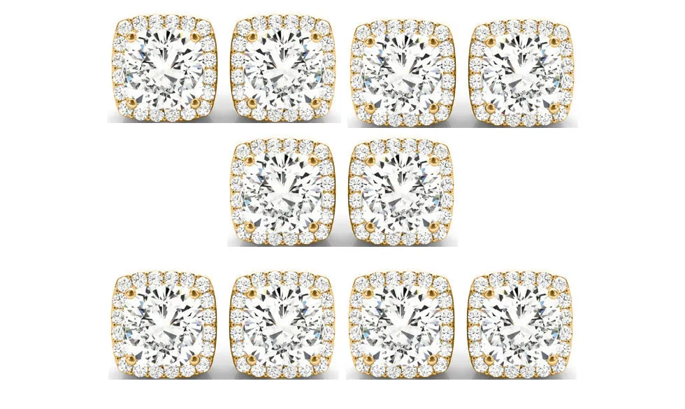 14k Yellow Gold 4mm 1Ct Cushion Cut White Sapphire Set Of Five Halo Stud Earrings Plated