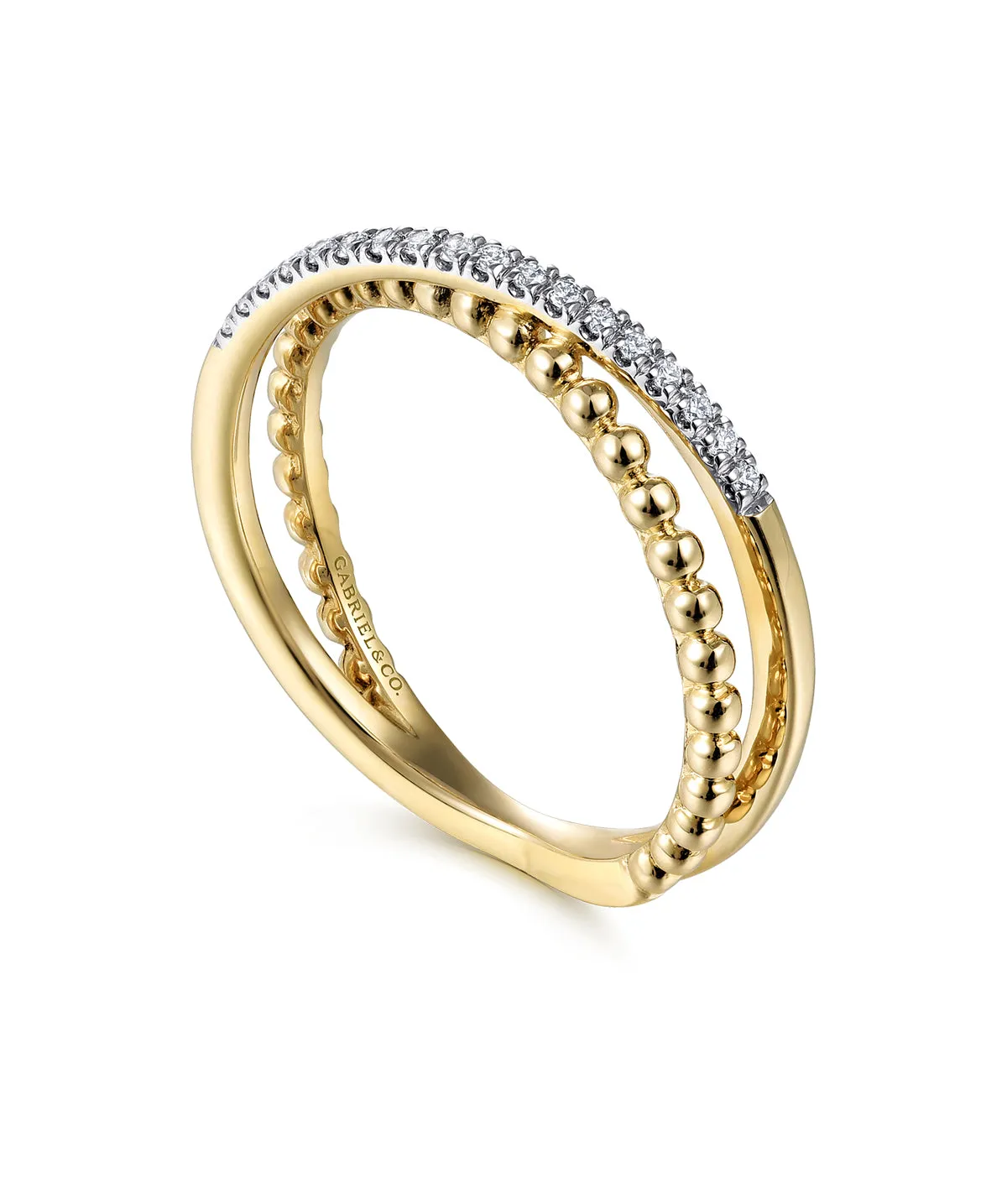 14K Yellow Gold Beaded Pave Diamond Criss Cross Ring