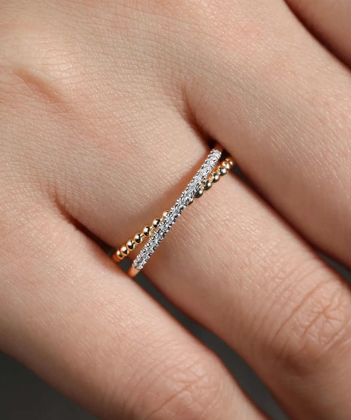 14K Yellow Gold Beaded Pave Diamond Criss Cross Ring