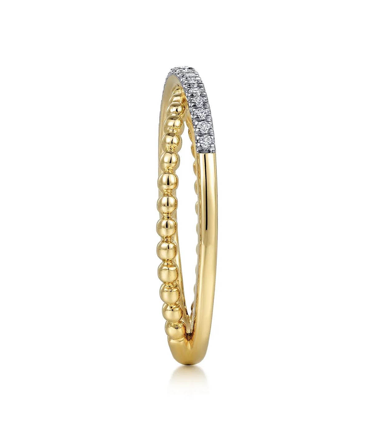 14K Yellow Gold Beaded Pave Diamond Criss Cross Ring