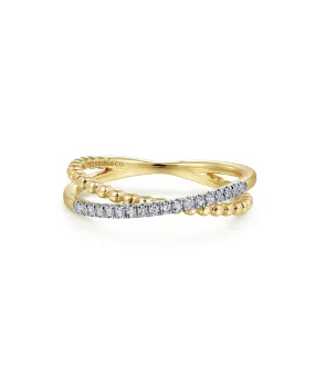 14K Yellow Gold Beaded Pave Diamond Criss Cross Ring