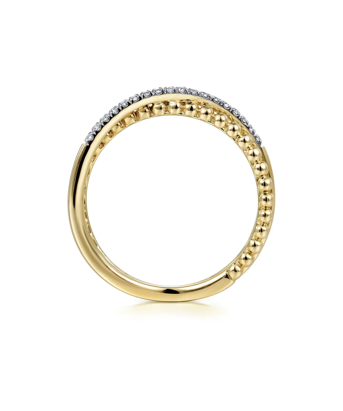 14K Yellow Gold Beaded Pave Diamond Criss Cross Ring
