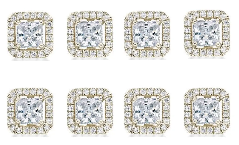 14k Yellow Gold Plated 1Ct Princess Cut White Sapphire Set of Four Halo Stud Earrings