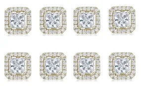 14k Yellow Gold Plated 1Ct Princess Cut White Sapphire Set of Four Halo Stud Earrings