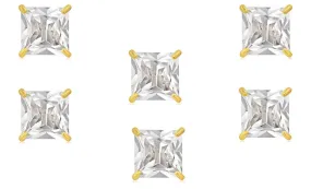 14k Yellow Gold Plated 1Ct Square Cut White Sapphire Set Of Three Stud Earrings