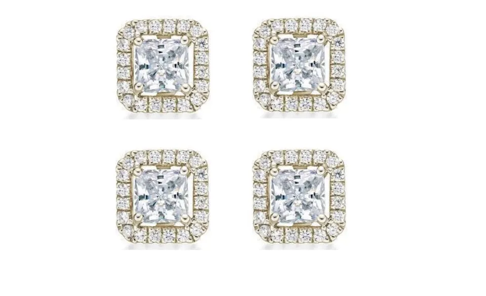 14k Yellow Gold Plated 4Ct Princess Cut White Sapphire Set of Two Halo Stud Earrings