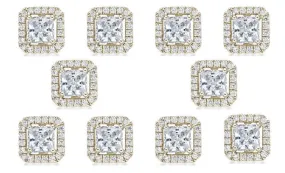 14k Yellow Gold Plated 4mm 1/2Ct Princess Cut White Sapphire Set of Five Halo Stud Earrings