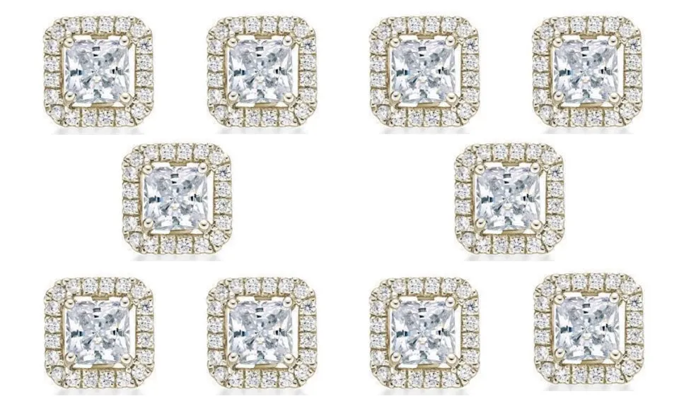 14k Yellow Gold Plated 4mm 1/2Ct Princess Cut White Sapphire Set of Five Halo Stud Earrings