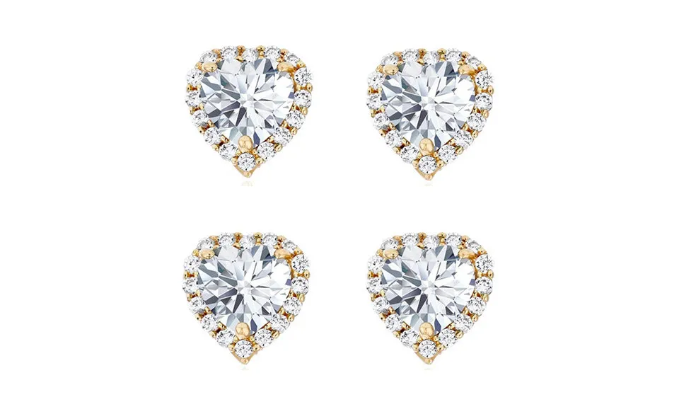 14k Yellow Gold Plated 4mm 1Ct Heart White Sapphire Set of Two Halo Stud Earrings