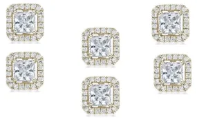14k Yellow Gold Plated 4mm 3Ct Princess Cut White Sapphire Set of Three Halo Stud Earrings