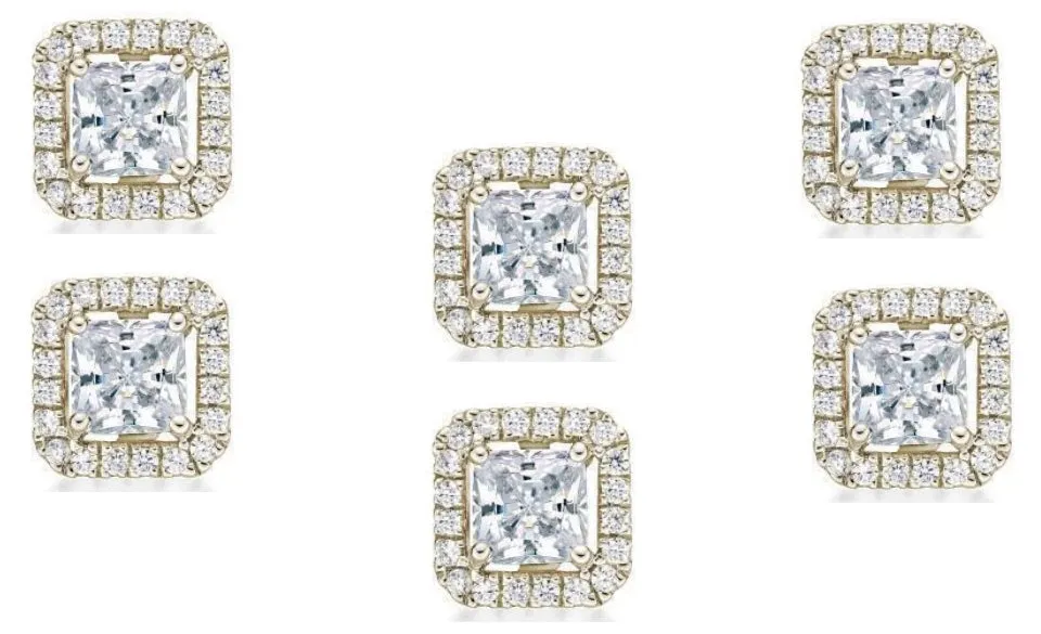 14k Yellow Gold Plated 4mm 3Ct Princess Cut White Sapphire Set of Three Halo Stud Earrings