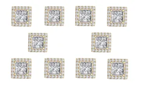 14k Yellow Gold Plated 4mm 3Ct Square Cut White Sapphire Set of Five Halo Stud Earrings
