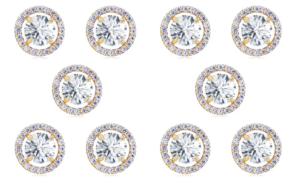 14k Yellow Gold Plated 4mm 4Ct Round White Sapphire Set Of Five Halo Stud Earrings