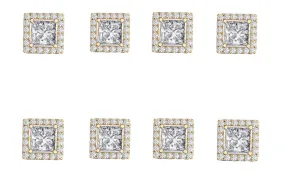 14k Yellow Gold Plated 6mm 1/2Ct Square Cut White Sapphire Set of Four Halo Stud Earrings