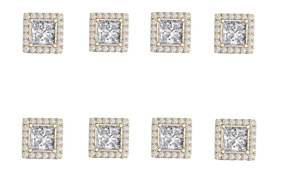 14k Yellow Gold Plated 6mm 1/2Ct Square Cut White Sapphire Set of Four Halo Stud Earrings
