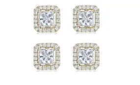 14k Yellow Gold Plated 6mm 4Ct Princess Cut White Sapphire Set of Two Halo Stud Earrings