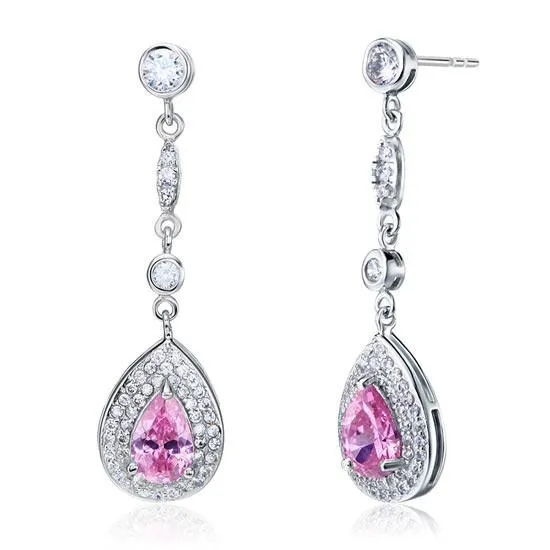 1.5 Carat Pear Cut Pink Simulated Diamond 925 Sterling Silver Dangle Earrings