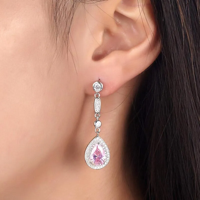 1.5 Carat Pear Cut Pink Simulated Diamond 925 Sterling Silver Dangle Earrings